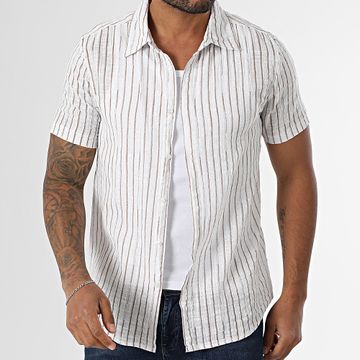 Kymaxx - Camel Blanco 008 Camisa de Manga Corta a Rayas