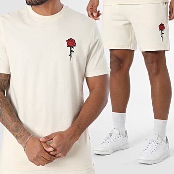 Luxury Lovers - Conjunto de camiseta beige de color rosa y pantalón corto de jogging