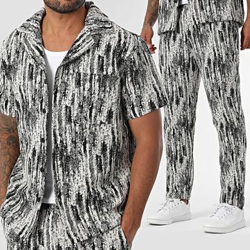 Frilivin - Conjunto de camisa de manga corta y pantalón C99 Beige Negro