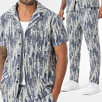 Frilivin - Conjunto de camisa de manga corta y pantalón C99 Beige Azul Marino