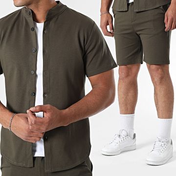 Frilivin - 183 Conjunto de camisa de manga corta y pantalón corto verde caqui