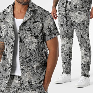 Frilivin - X23 Gris Beige Floral Camisa de manga corta y pantalón conjunto