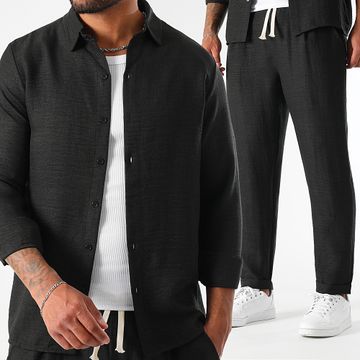 LBO - Conjunto de camisa de manga larga y pantalón efecto lino 2092 Negro