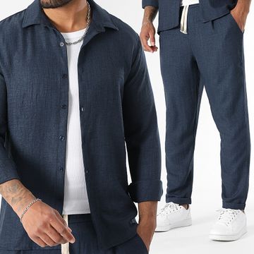 LBO - Conjunto de camisa de manga larga y pantalón efecto lino 2093 Azul marino