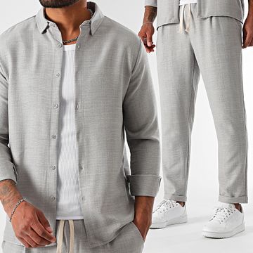 LBO - Conjunto de camisa de manga larga y pantalón efecto lino 2094 Gris