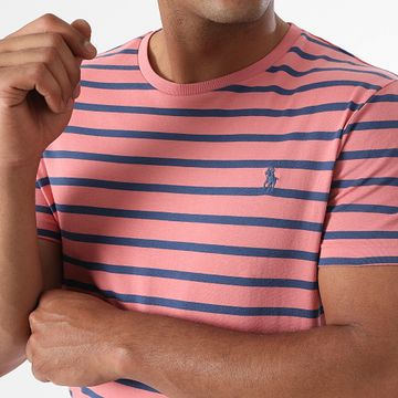 Polo Ralph Lauren - Tee Shirt A Rayure Custom Slim Original Player Rose Bleu Marine