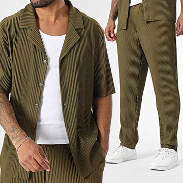 Uniplay - 158 Conjunto de camisa verde caqui de manga corta y pantalón texturizado