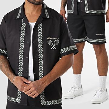 KZR - Conjunto de camisa de manga corta y pantalón corto 191 Negro Verde claro