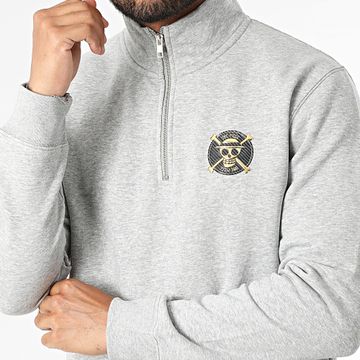 One Piece - Cuello con cremallera Sudadera Insignia Logo Heather Grey Gold