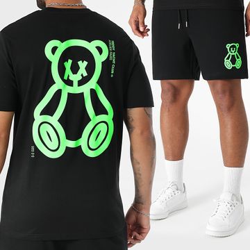 Teddy Yacht Club - Ensemble Tee Shirt Et Short Jogging Fat Outline Noir Vert Fluo
