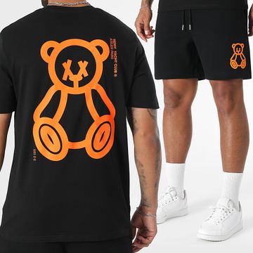 Teddy Yacht Club - Ensemble Tee Shirt Et Short Jogging Fat Outline Noir Orange