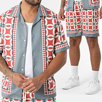 KZR - Gris Beige Rojo Camisa De Manga Corta Y Pantalones Cortos Conjunto Jogging