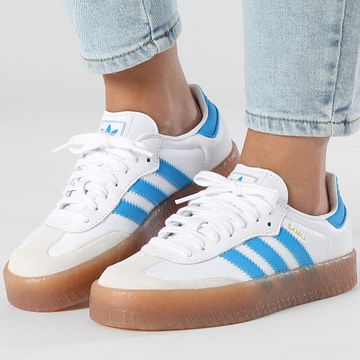Adidas Originals - Mujer Sambae JQ1236 Calzado Blanco Azul Brillante Oro Metálico Zapatillas de deporte