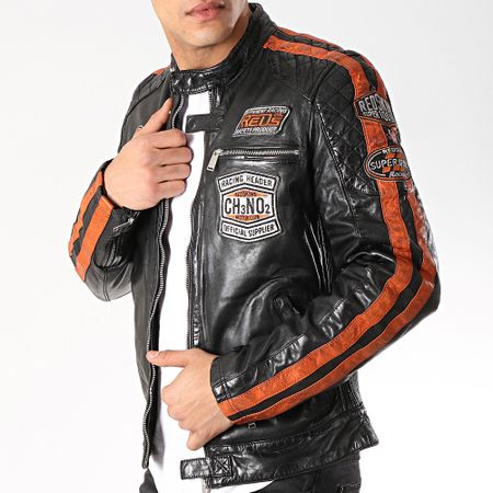 Redskins - Veste Cuir Patchs Brodés Ripper Calista Noir Rouge Brique