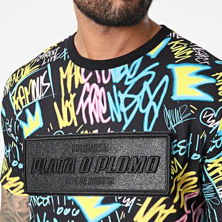 Skr - Camiseta Plata O Plomo Print Negro Amarillo Azul