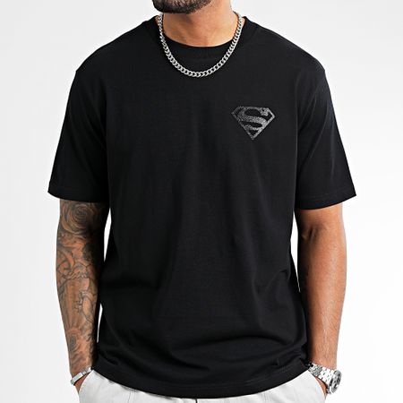 DC Comics - Oversize Glitter Pecho Y Espalda Logo Superman Tee Shirt Negro