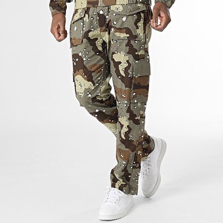 John H - Conjunto de chaqueta con cremallera y pantalón cargo de camuflaje verde caqui