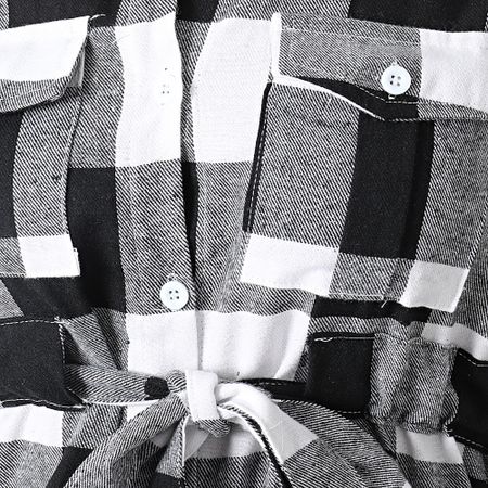 Girls Outfit - Vestido de cuadros negro blanco de manga larga para mujer