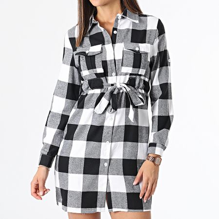 Girls Outfit - Vestido de cuadros negro blanco de manga larga para mujer