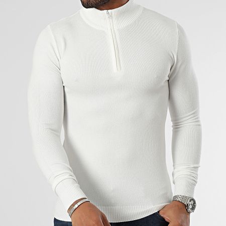 John H - Jersey blanco con cuello alto y cremallera