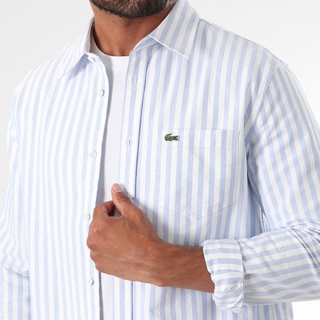 Lacoste - Camisa Manga Larga Rayas Bordado Logo Cocodrilo Regular Fit Azul Claro Blanco