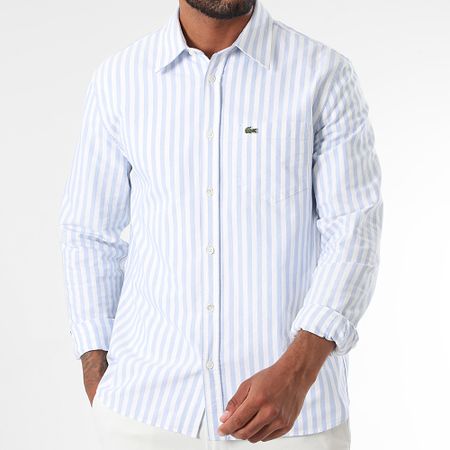 Lacoste - Camisa Manga Larga Rayas Bordado Logo Cocodrilo Regular Fit Azul Claro Blanco