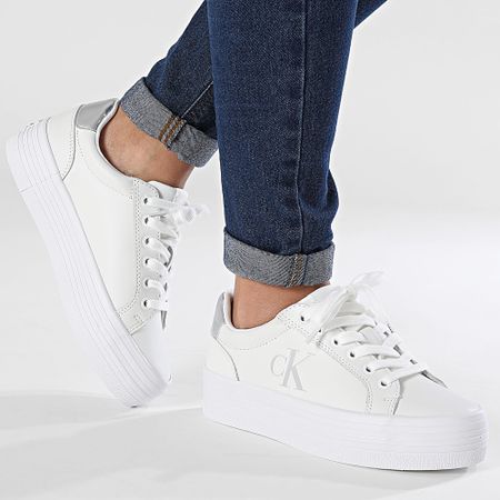 Calvin Klein - Zapatillas de mujer Bold Vulcan Flatform Laceup Leather 1688 Bright White Silver