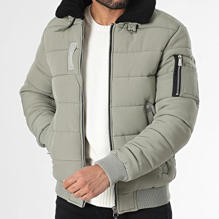 Kymaxx - Abrigo con cuello de piel de oveja Verde caqui claro