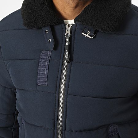 Kymaxx - Chaqueta con cuello de piel de oveja azul marino