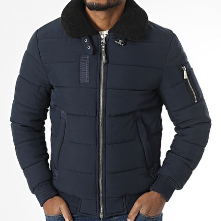 Kymaxx - Chaqueta con cuello de piel de oveja azul marino