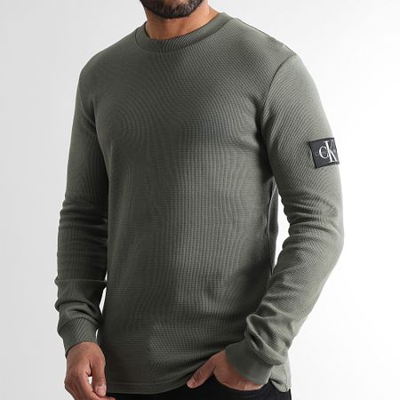 Calvin Klein - Sudadera Monogram Badge Waffle Crewneck 3485 Verde caqui