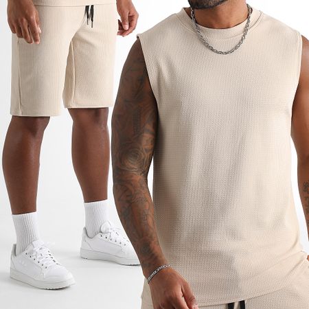 LBO - Conjunto de camiseta de tirantes y pantalón corto de jogging con textura de gofre 1757 Beige