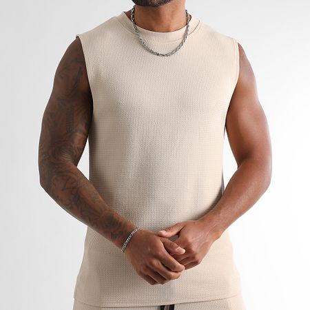 LBO - Conjunto de camiseta de tirantes y pantalón corto de jogging con textura de gofre 1757 Beige