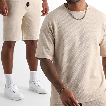 LBO - Conjunto de camiseta y pantalón corto texturizado Waffle 1764 Light Beige Large