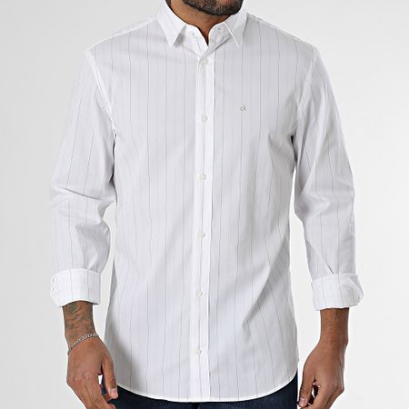 Calvin Klein - Camisa de popelina multi rayas manga larga 4180 Blanco Beige