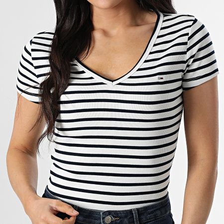 Tommy Jeans - Camiseta cuello pico mujer rayas Slim Essential Rib 7385 Blanco Azul Marino