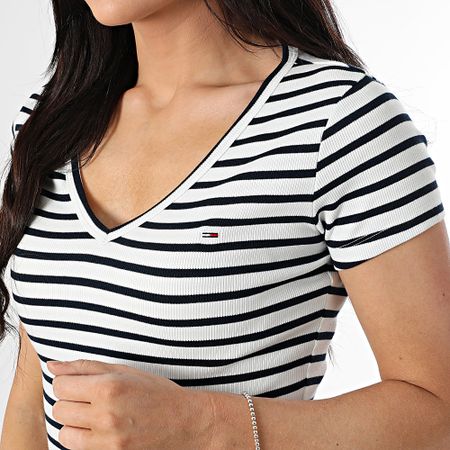 Tommy Jeans - Camiseta cuello pico mujer rayas Slim Essential Rib 7385 Blanco Azul Marino