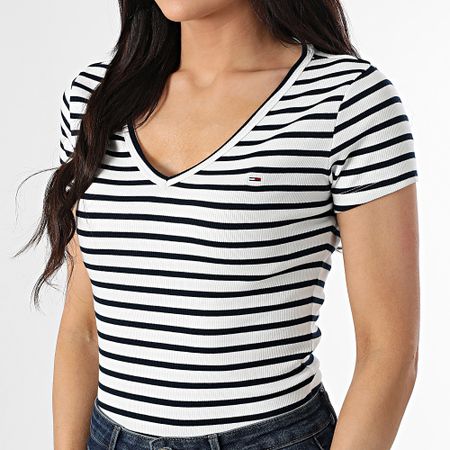 Tommy Jeans - Camiseta cuello pico mujer rayas Slim Essential Rib 7385 Blanco Azul Marino
