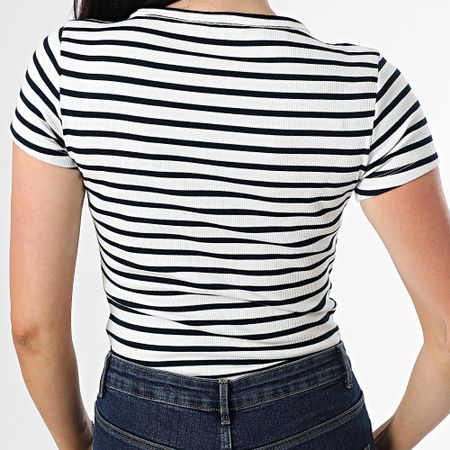 Tommy Jeans - Camiseta cuello pico mujer rayas Slim Essential Rib 7385 Blanco Azul Marino