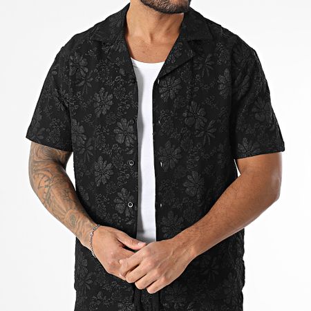 Classic Series - Conjunto de camisa de manga corta floral negra y pantalón corto de jogging