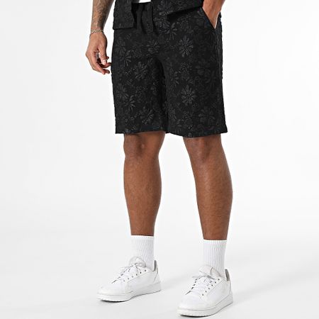 Classic Series - Conjunto de camisa de manga corta floral negra y pantalón corto de jogging