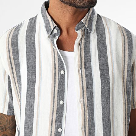 Blend - Camisa de rayas de lino de manga corta 20717864 Blanco Beige Azul Marino