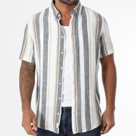 Blend - Camisa de rayas de lino de manga corta 20717864 Blanco Beige Azul Marino