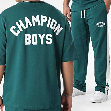 Ikao - Conjunto de camiseta oversize blanca verde botella y pantalón de chándal