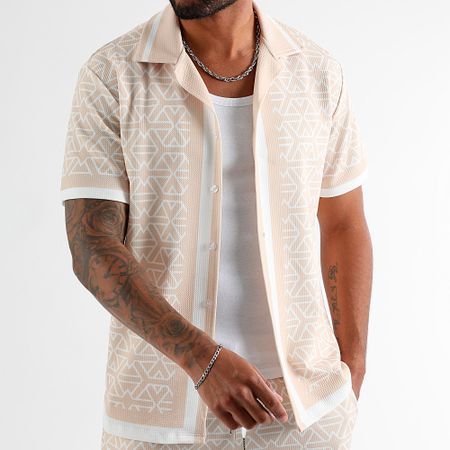 LBO - Conjunto de camisa de manga corta y pantalón corto estampado 1629 Beige Blanco