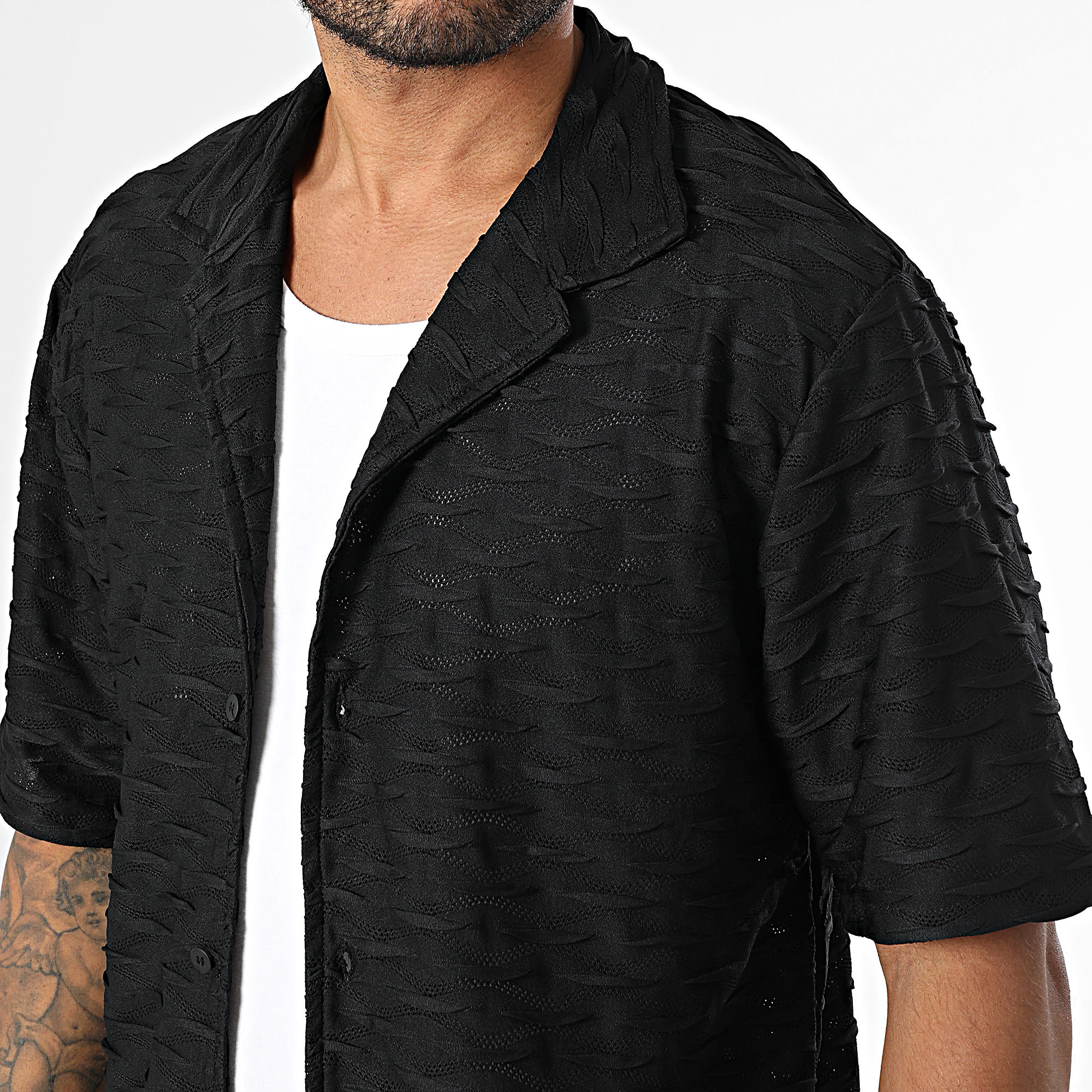 Zelys Paris - Conjunto de camisa de manga corta y pantalón corto Ace negro con textura