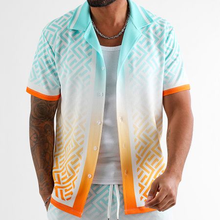 LBO - Sunset 1639 Azul Naranja Gradiente Camisa Manga Corta Y Conjunto Estampado Corto
