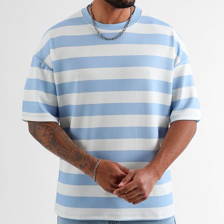 LBO - Tee Shirt Textured Large Stripes 2089 Blanco Azul Claro
