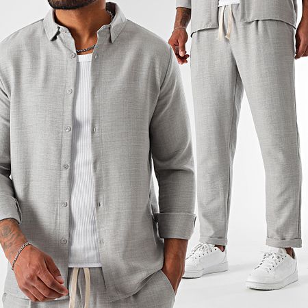 LBO - Conjunto de camisa de manga larga y pantalón efecto lino 2094 Gris