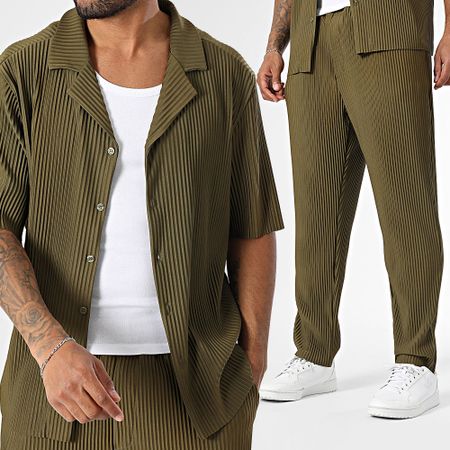 Uniplay - 158 Conjunto de camisa verde caqui de manga corta y pantalón texturizado